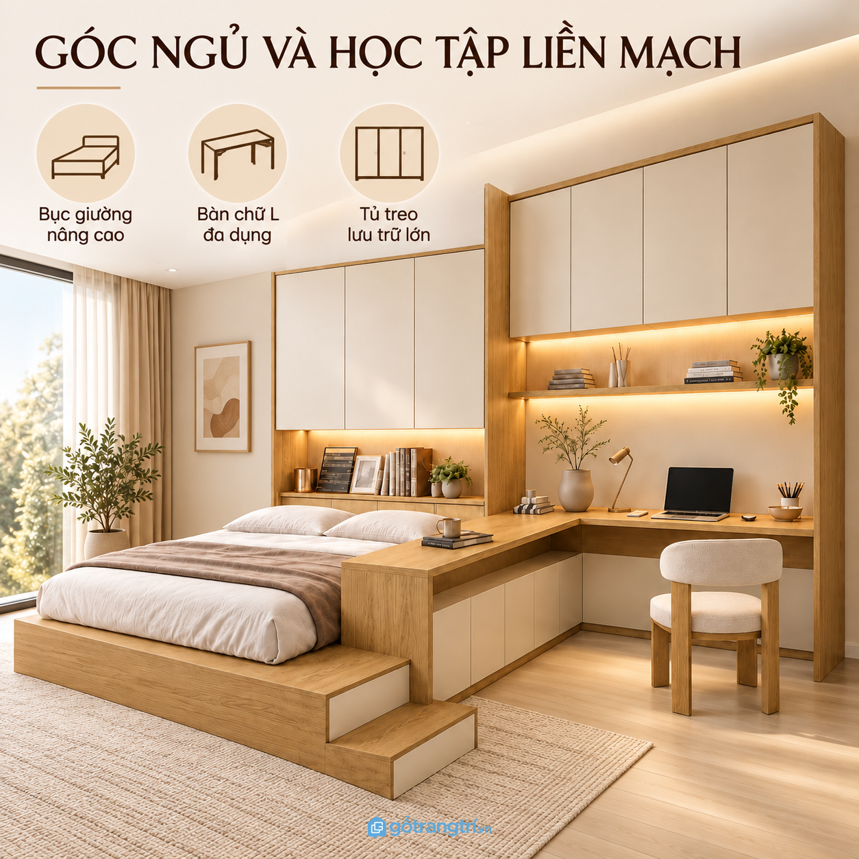 Kết hợp khu vực nghỉ ngơi, làm việc và lưu trữ
