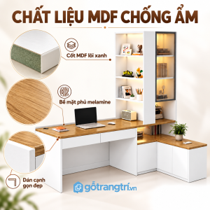 Kết hợp mặt bàn vân gỗ và hệ tủ lưu trữ
