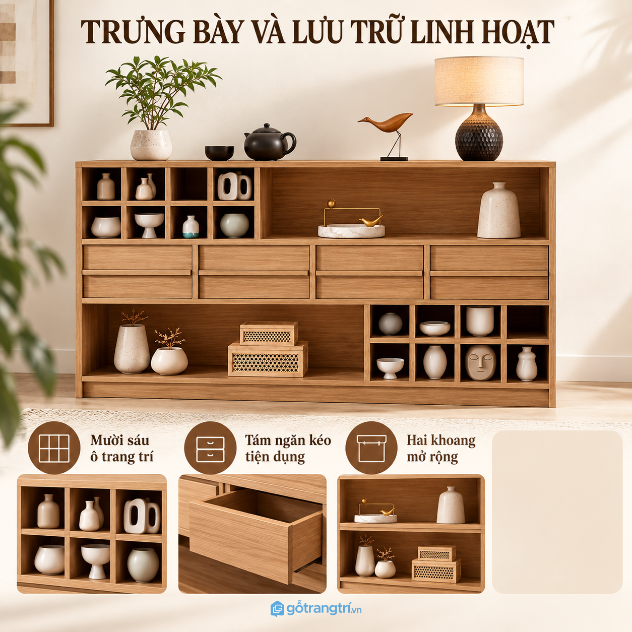Kết hợp ngăn kéo và hộc mở để lưu trữ linh hoạt