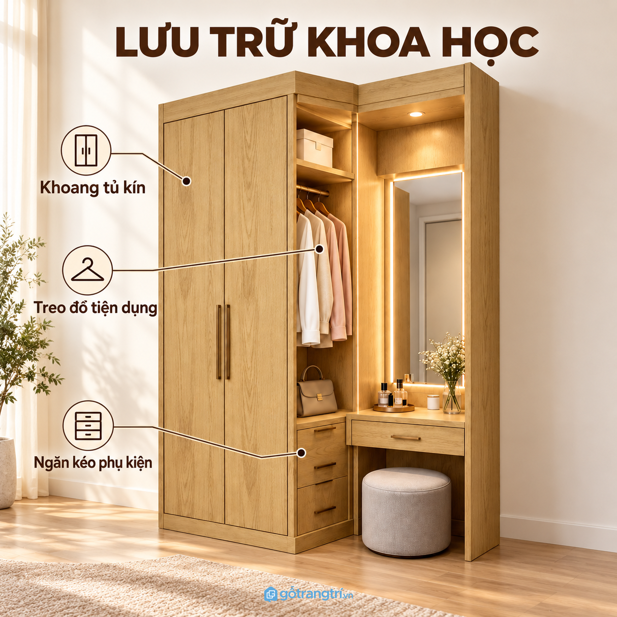 Khoang treo mở và ngăn kéo giúp phân loại đồ dễ hơn