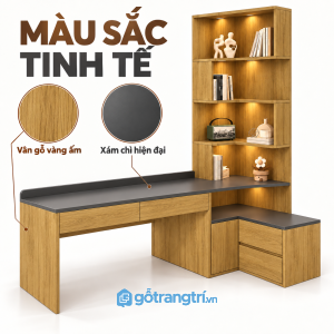 Màu gỗ vàng nâu kết hợp mặt bàn đen