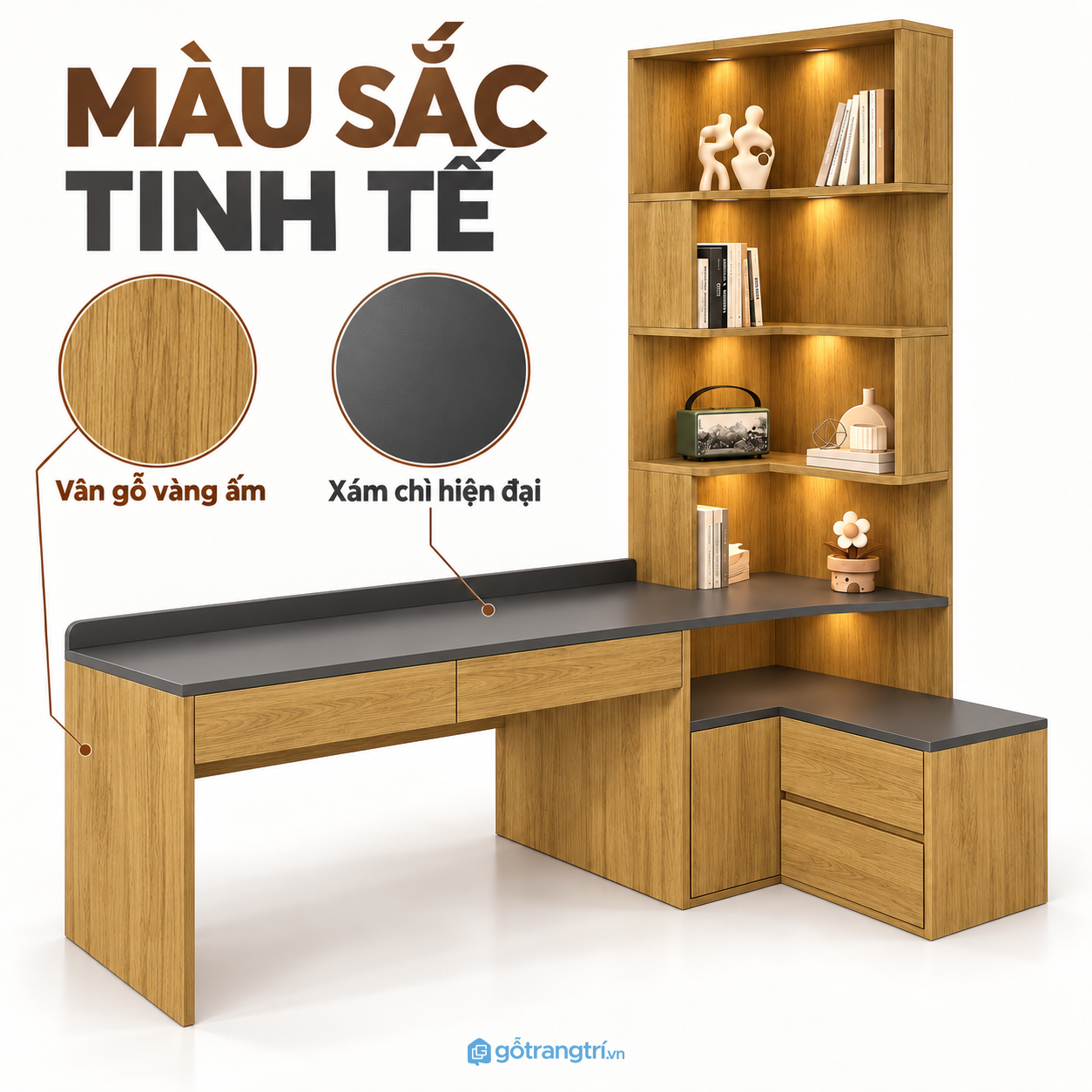 Màu gỗ vàng nâu kết hợp mặt bàn đen Màu gỗ vàng nâu kết hợp mặt bàn đen