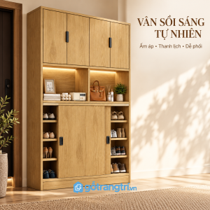 Mẫu tủ kết hợp khoang kín phía trên, kệ trưng bày ở giữa và khu vực để giày phía dưới. Cách bố trí này giúp người dùng sắp xếp đồ đạc theo