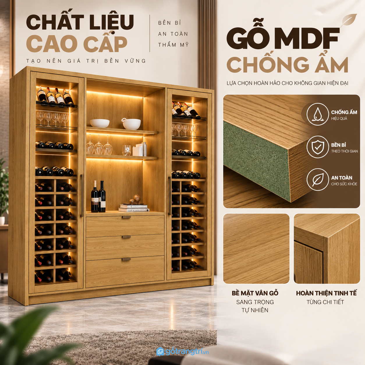 MDF lõi xanh chống ẩm, bề mặt dễ vệ sinh