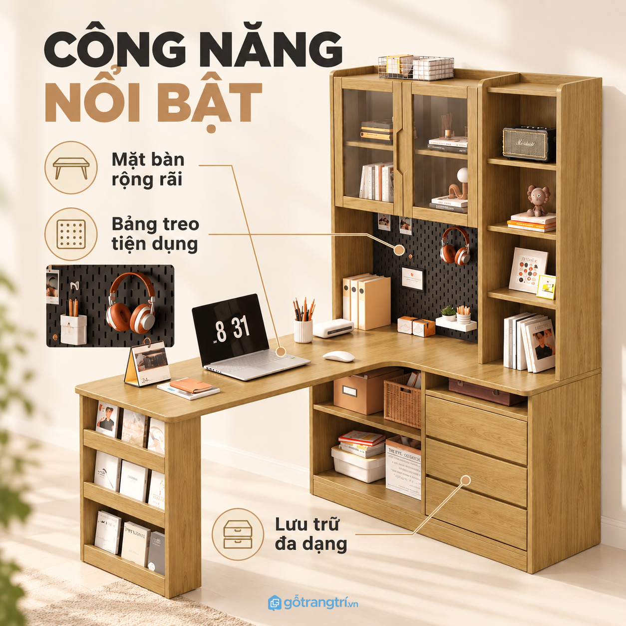 Một hệ bàn đáp ứng cả làm việc, học tập và lưu trữ