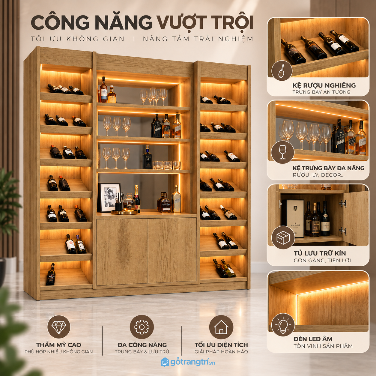 Nhiều khoang lưu trữ rượu, ly và đồ trang trí