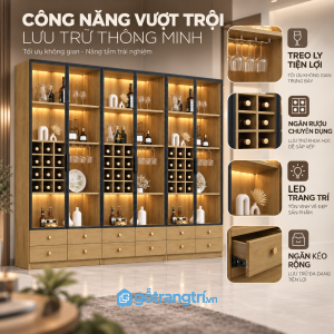 Nhiều khoang lưu trữ rượu, ly và đồ trang trí