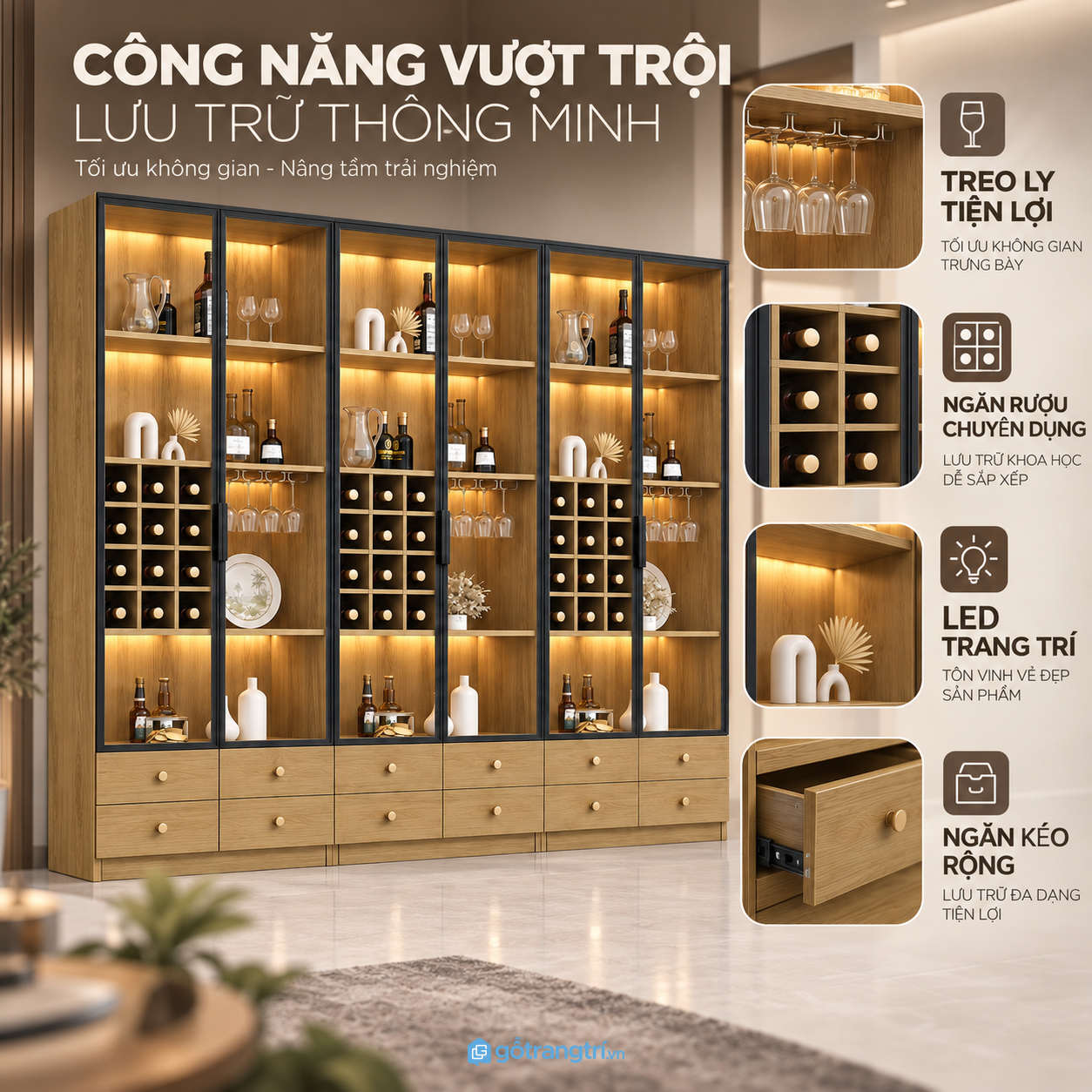 Nhiều khoang lưu trữ rượu, ly và đồ trang trí