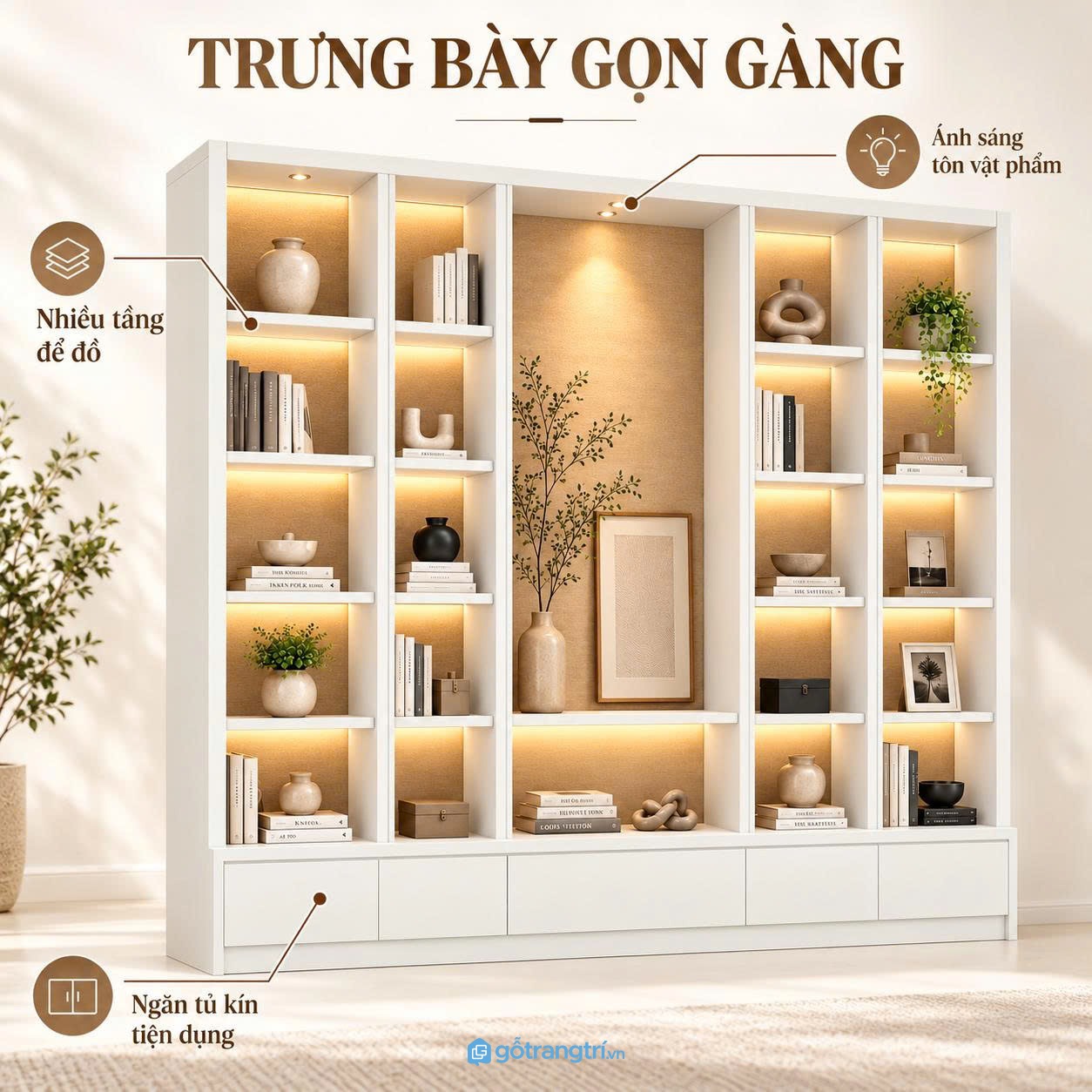 Nhiều khoang trưng bày kết hợp tủ kín