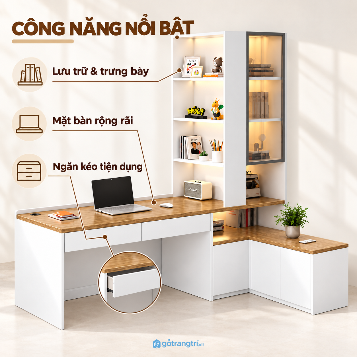 Nhiều không gian để sách, tài liệu và đồ dùng