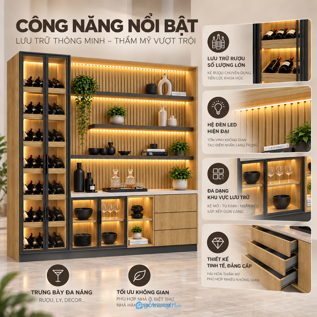Nhiều khu vực chứa chai, ly và đồ dùng gia đình