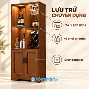 Nhiều khu vực để rượu, ly và phụ kiện
