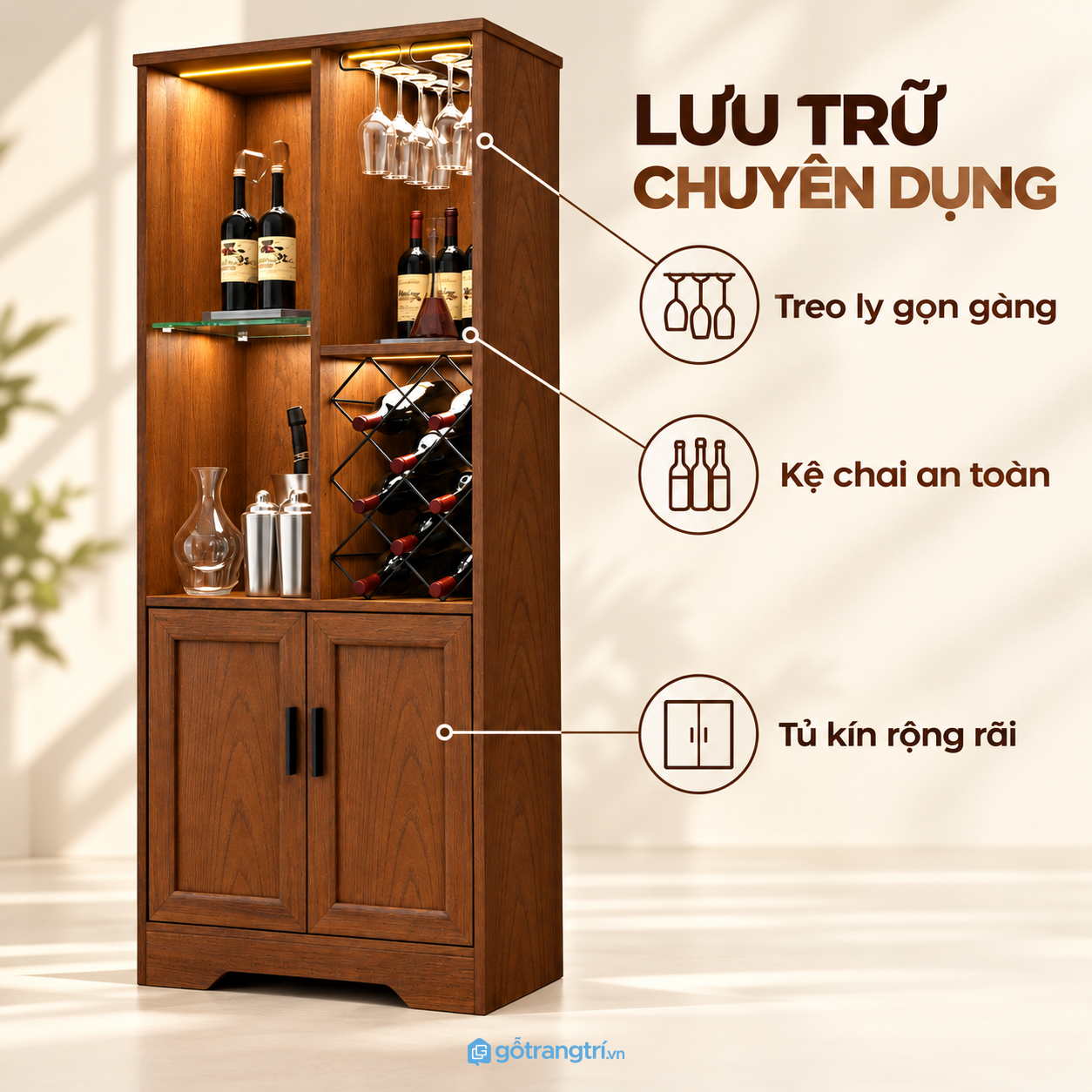 Nhiều khu vực để rượu, ly và phụ kiện