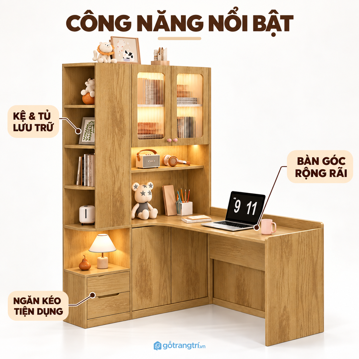 Nhiều khu vực lưu trữ cho sách, tài liệu và đồ dùng Nhiều khu vực lưu trữ cho sách, tài liệu và đồ dùng