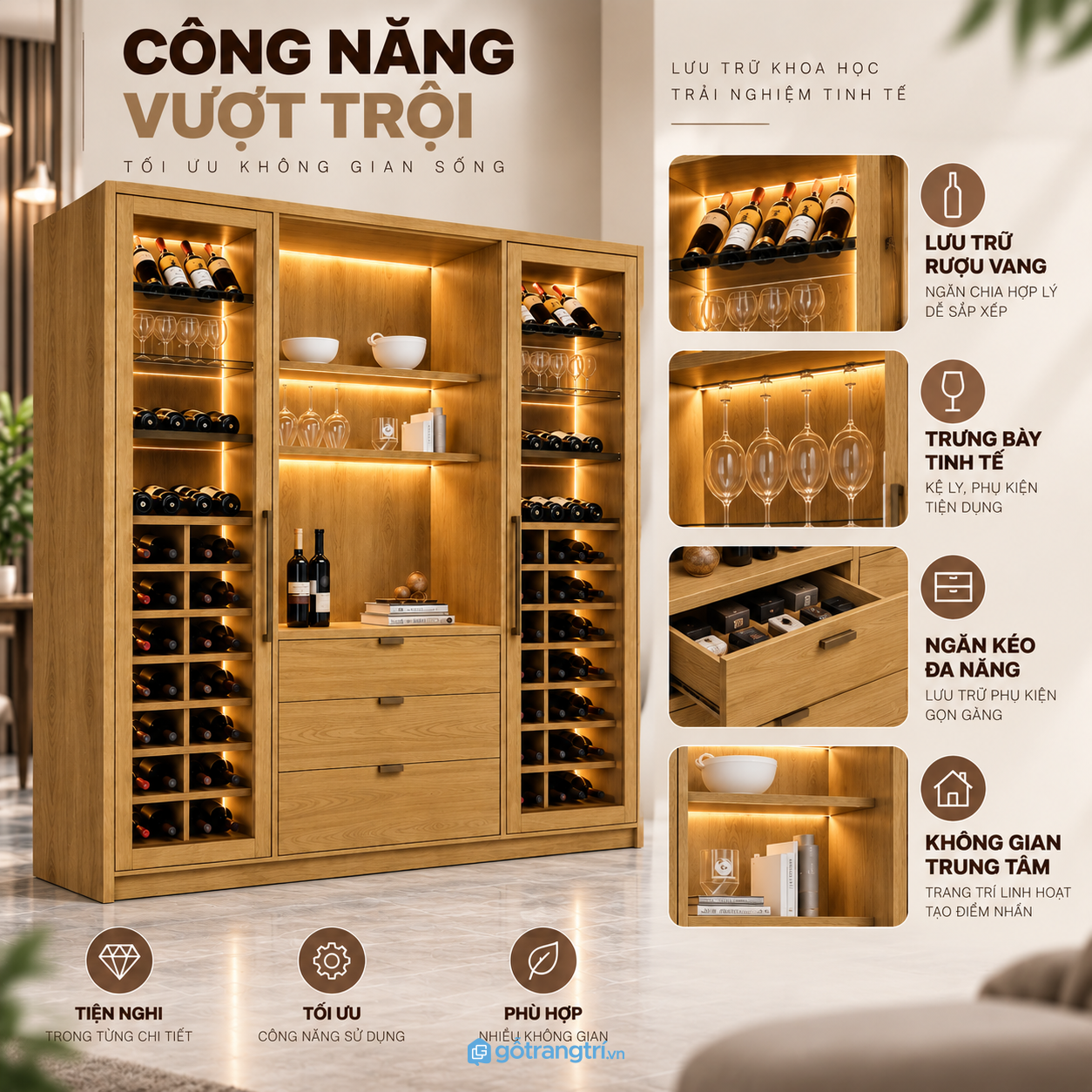 Nhiều ngăn chứa chai, ly và phụ kiện pha chế