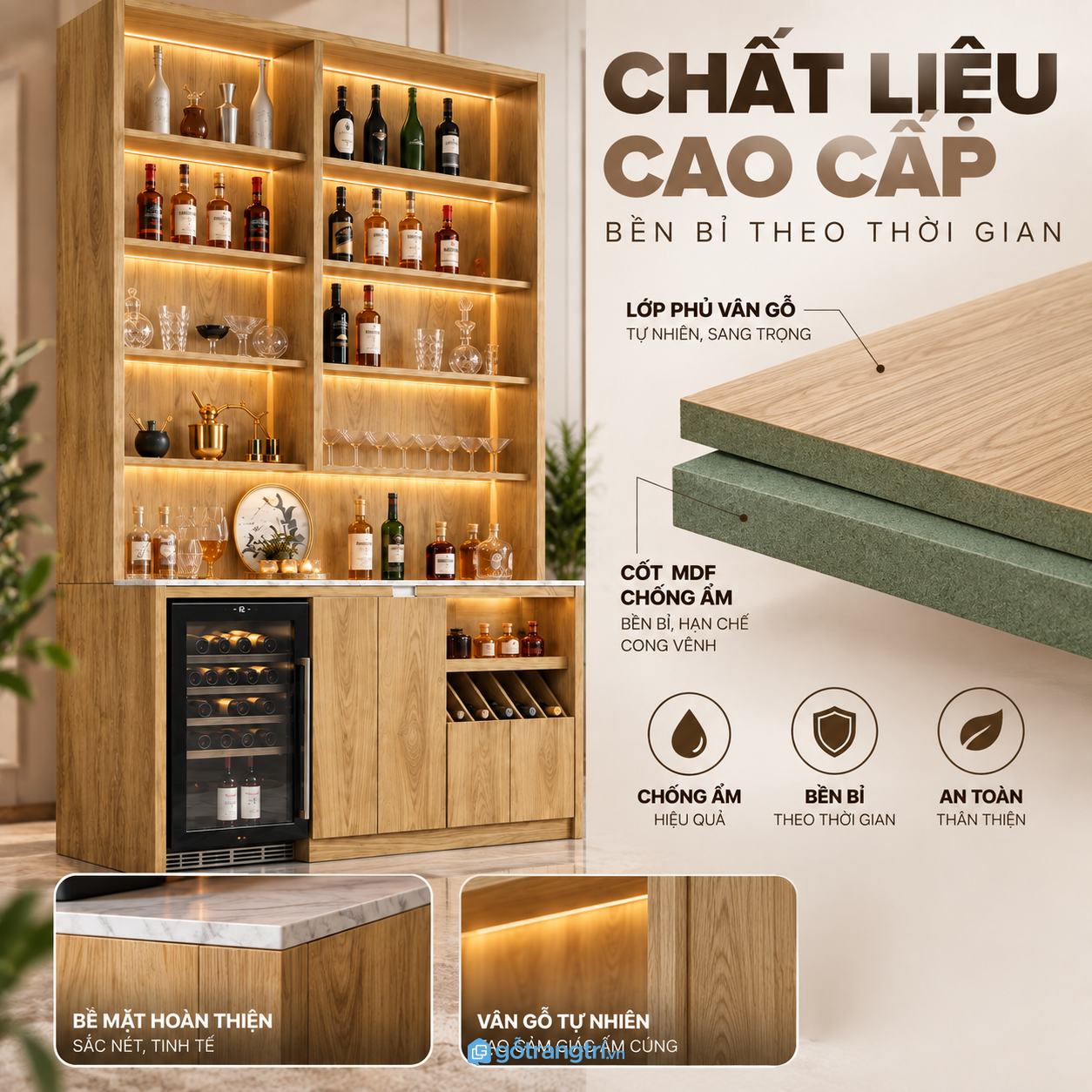 Nhiều tầng kệ cho chai rượu, ly và đồ trang trí
