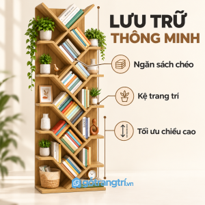 Nhiều tầng lưu trữ sách và đồ trang trí