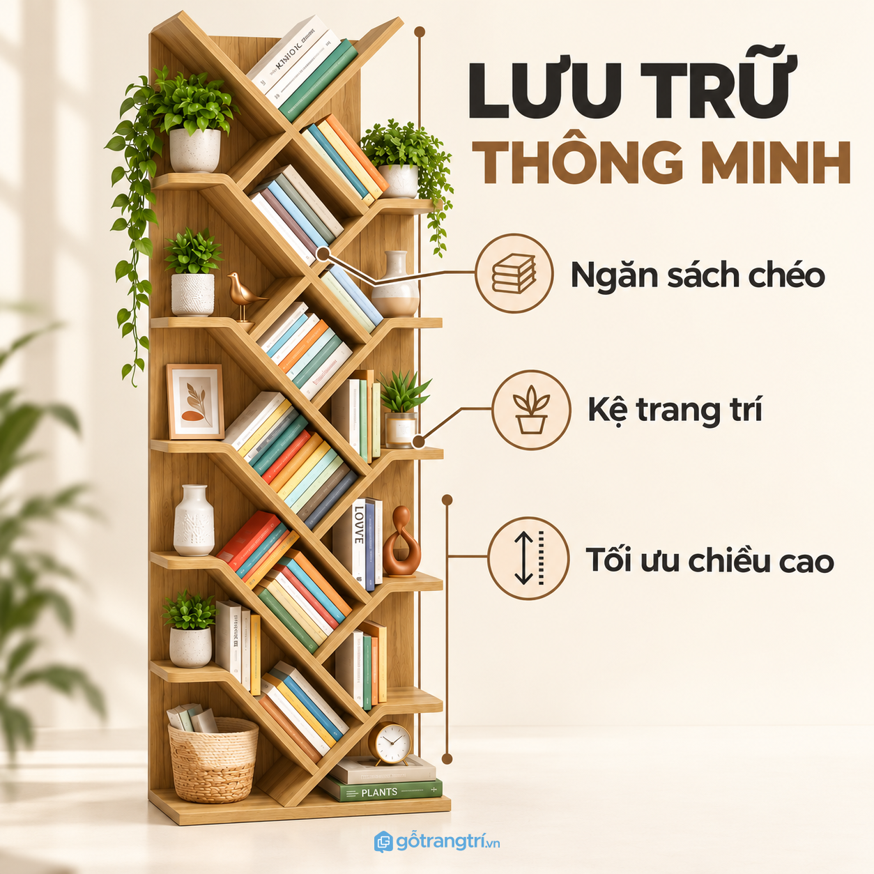 Nhiều tầng lưu trữ sách và đồ trang trí