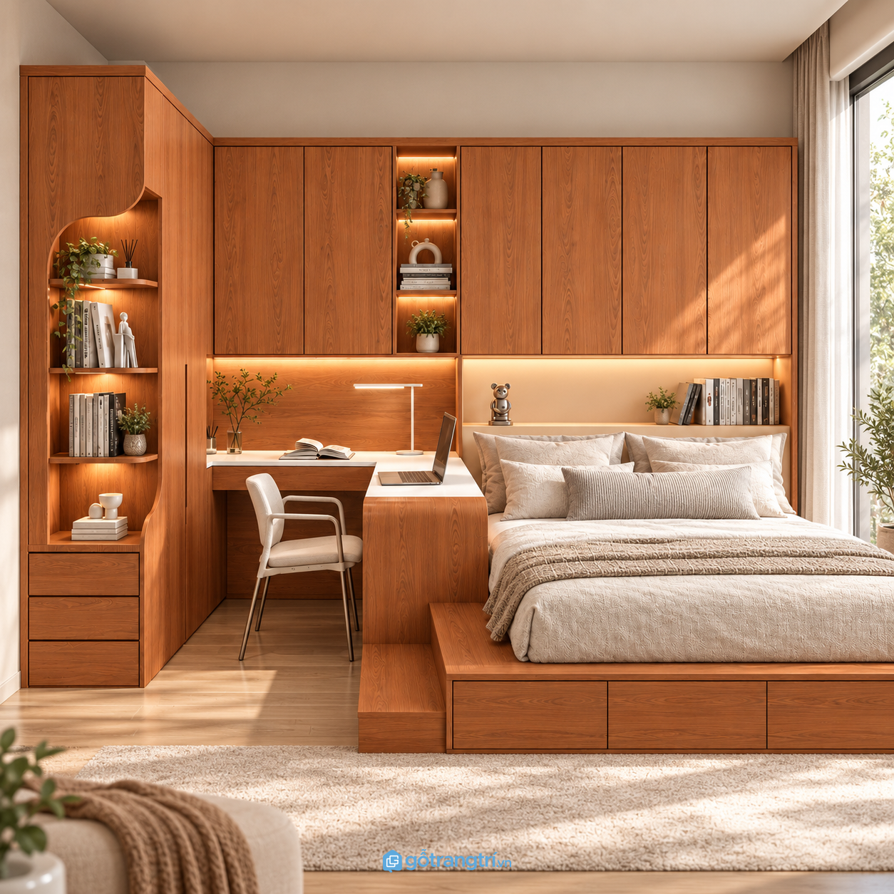 Chi tiết thiết kế Giường bục gỗ nâu liền bàn học và tủ quần áo chữ L GHS-9137 Chi tiết thiết kế Giường bục gỗ nâu liền bàn học và tủ quần áo chữ L GHS-9137