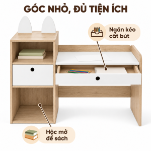 Sách ở hộc mở, bút giấy trong ngăn kéo