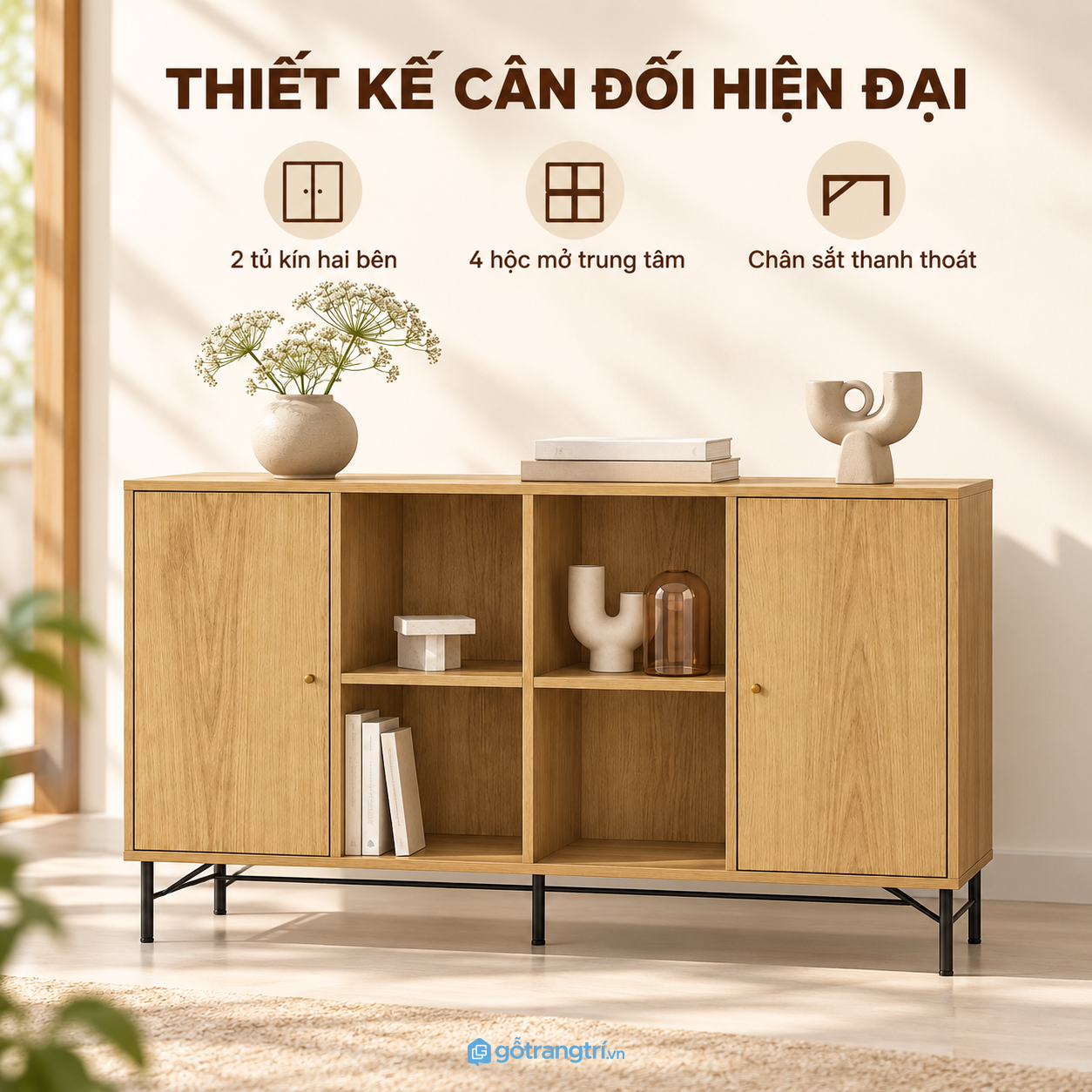 Thiết kế cân đối với hai cánh tủ và kệ hở