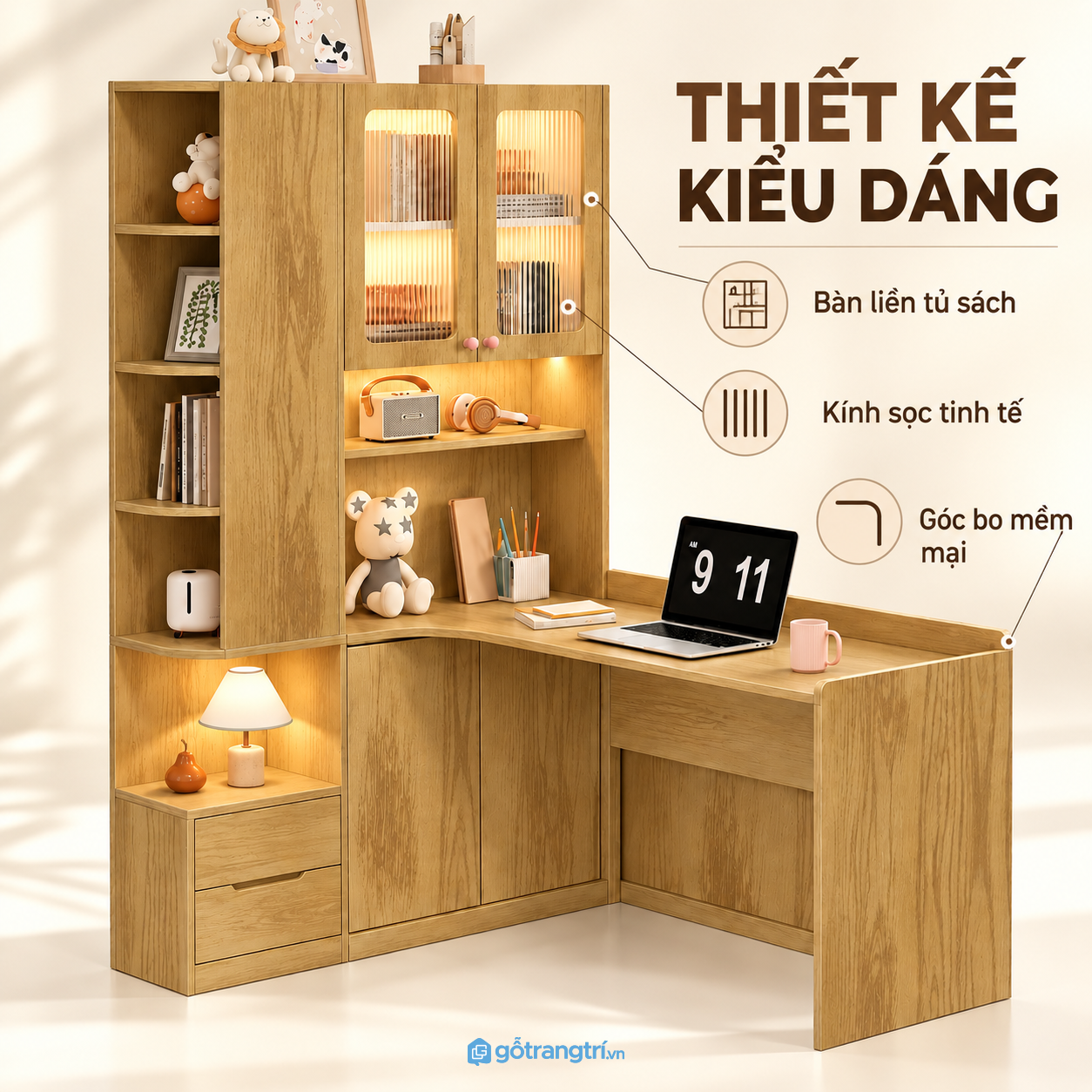 Thiết kế chữ L hiện đại, màu gỗ dễ tạo điểm nhấn Thiết kế chữ L hiện đại, màu gỗ dễ tạo điểm nhấn