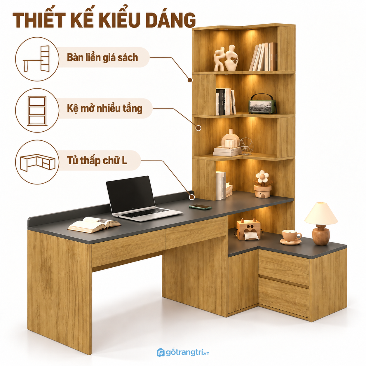 Thiết kế chữ L hiện đại, tạo mặt bàn rộng Thiết kế chữ L hiện đại, tạo mặt bàn rộng