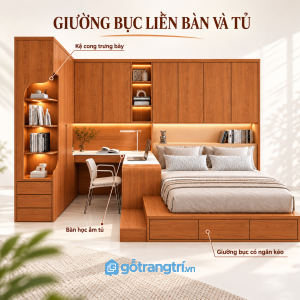 Thiết kế giường bục hiện đại, kết hợp hệ tủ chữ L đồng bộ