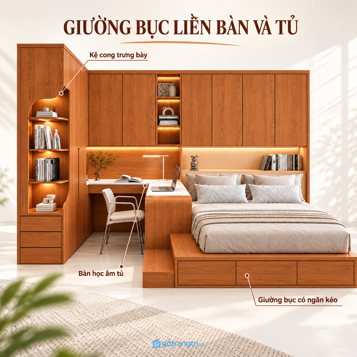 Thiết kế giường bục hiện đại, kết hợp hệ tủ chữ L đồng bộ Thiết kế giường bục hiện đại, kết hợp hệ tủ chữ L đồng bộ