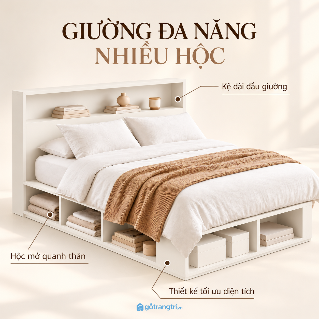 Thiết kế giường ngủ màu trắng hiện đại, tinh tế