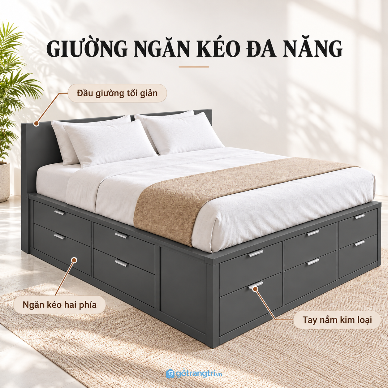 Thiết kế giường ngủ màu xám đậm hiện đại, tối giản