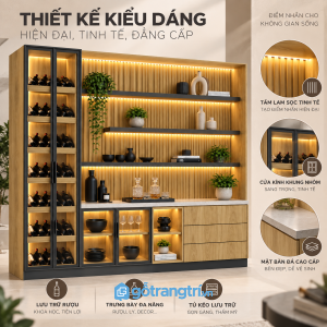 Thiết kế hiện đại, cân bằng giữa tủ rượu và kệ decor