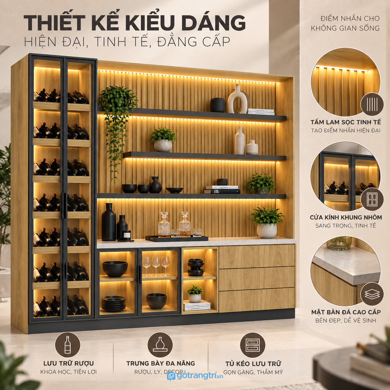 Thiết kế hiện đại, cân bằng giữa tủ rượu và kệ decor