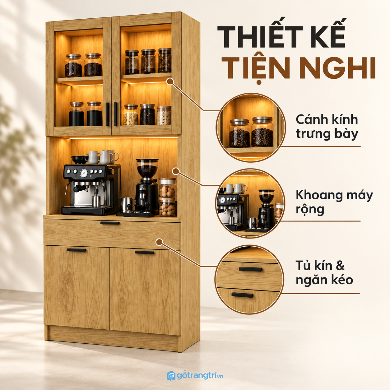 Thiết kế hiện đại, kết hợp tủ kín và kệ trưng bày