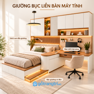 Thiết kế hiện đại, nổi bật với giường bục và bàn làm việc chữ L
