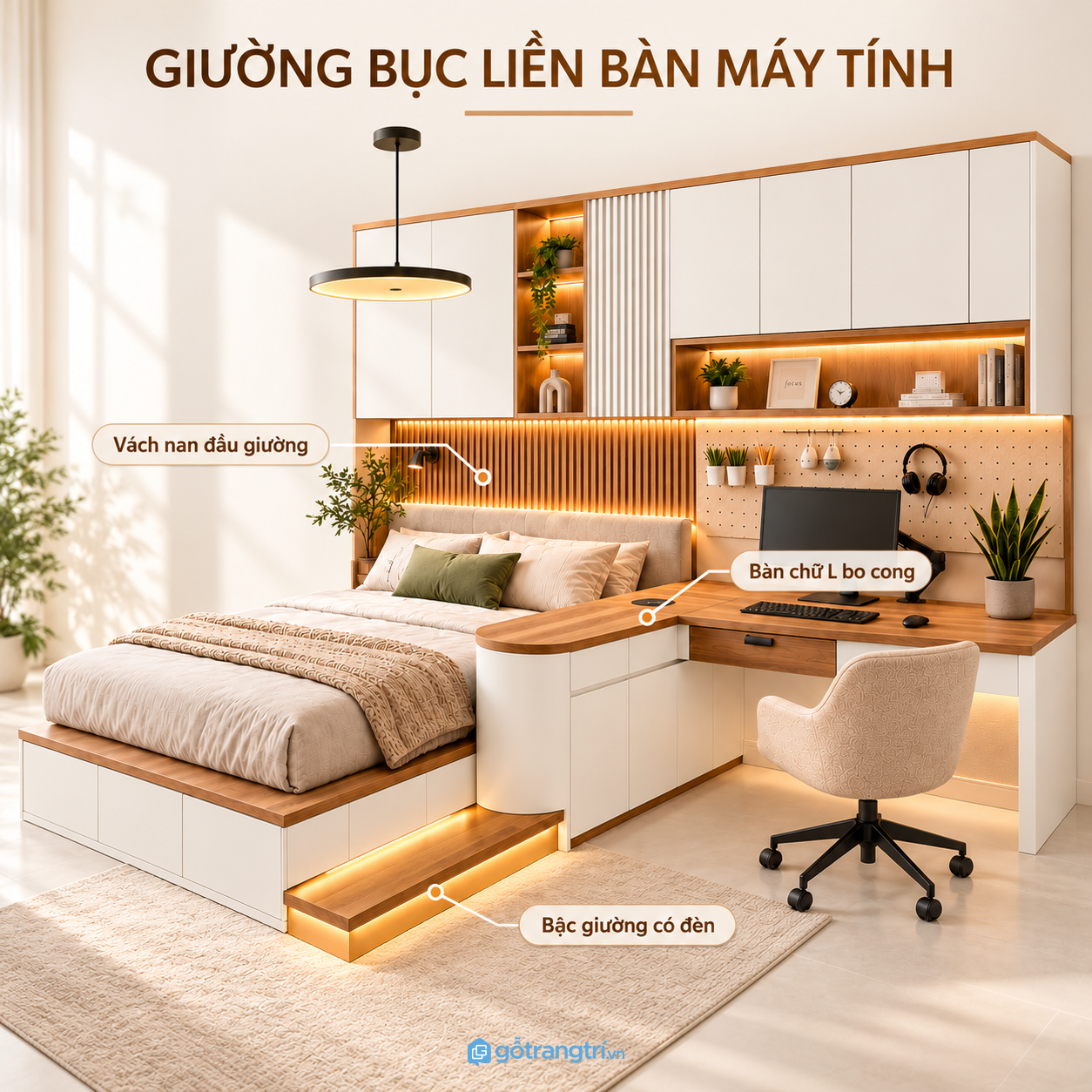 Thiết kế hiện đại, nổi bật với giường bục và bàn làm việc chữ L Thiết kế hiện đại, nổi bật với giường bục và bàn làm việc chữ L