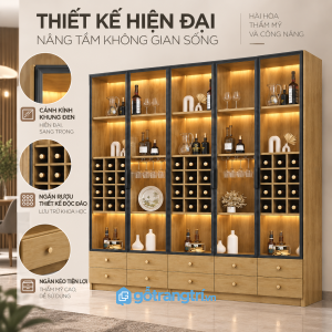 Thiết kế hiện đại, nổi bật với hệ tủ kính và đèn LED