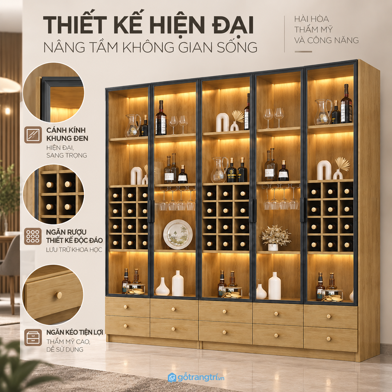Thiết kế hiện đại, nổi bật với hệ tủ kính và đèn LED