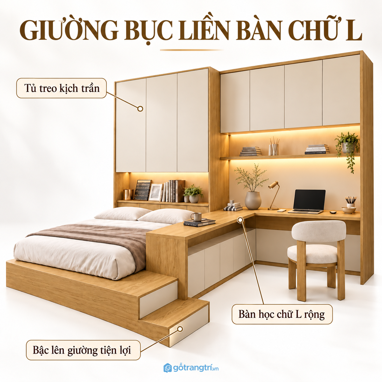 Thiết kế hiện đại, phối vân gỗ sáng và màu kem