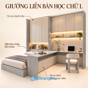 Thiết kế hiện đại, tối giản với bàn làm việc chữ L liền giường ngủ