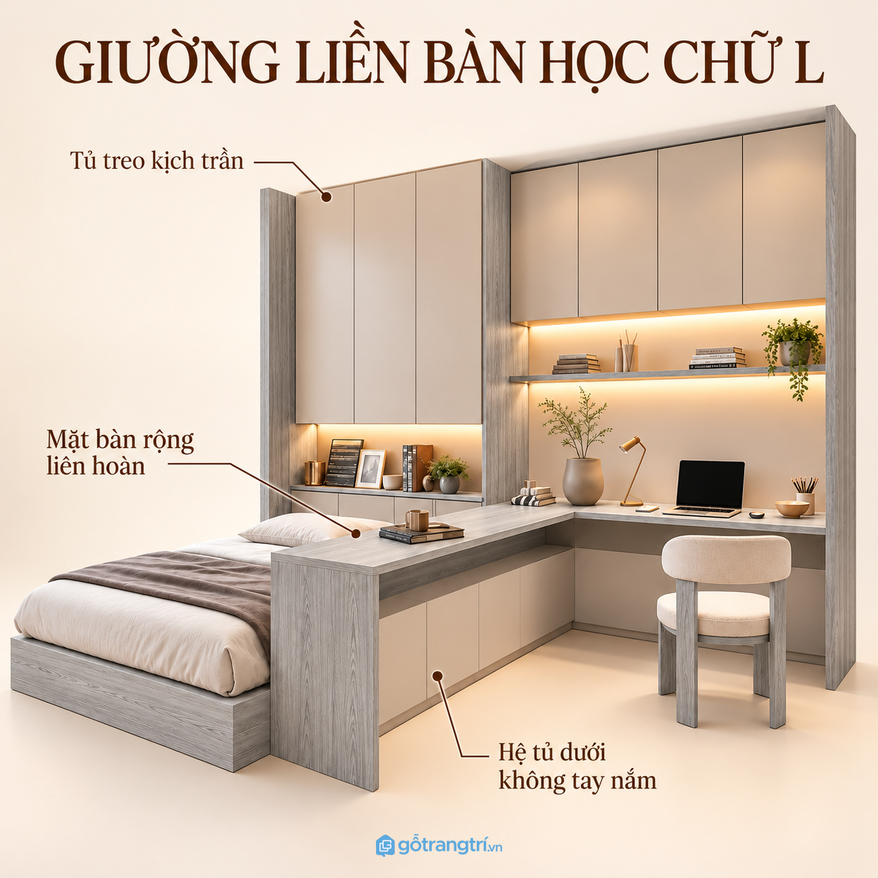 Thiết kế hiện đại, tối giản với bàn làm việc chữ L liền giường ngủ