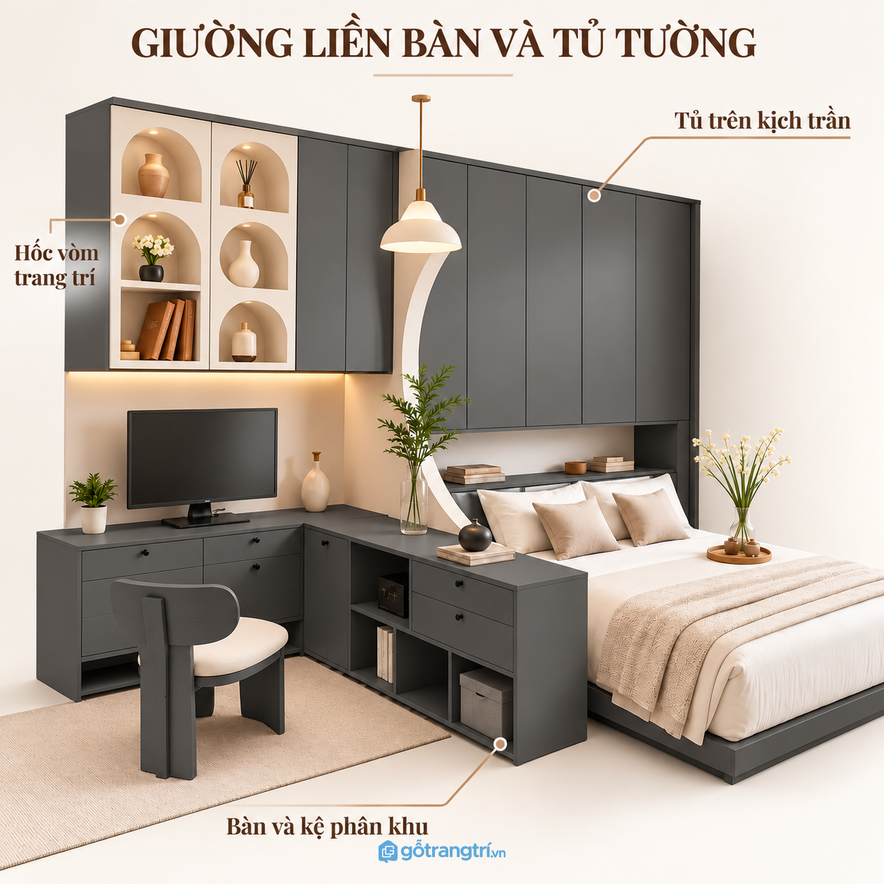 Thiết kế hiện đại với giường bục và bàn làm việc chữ L
