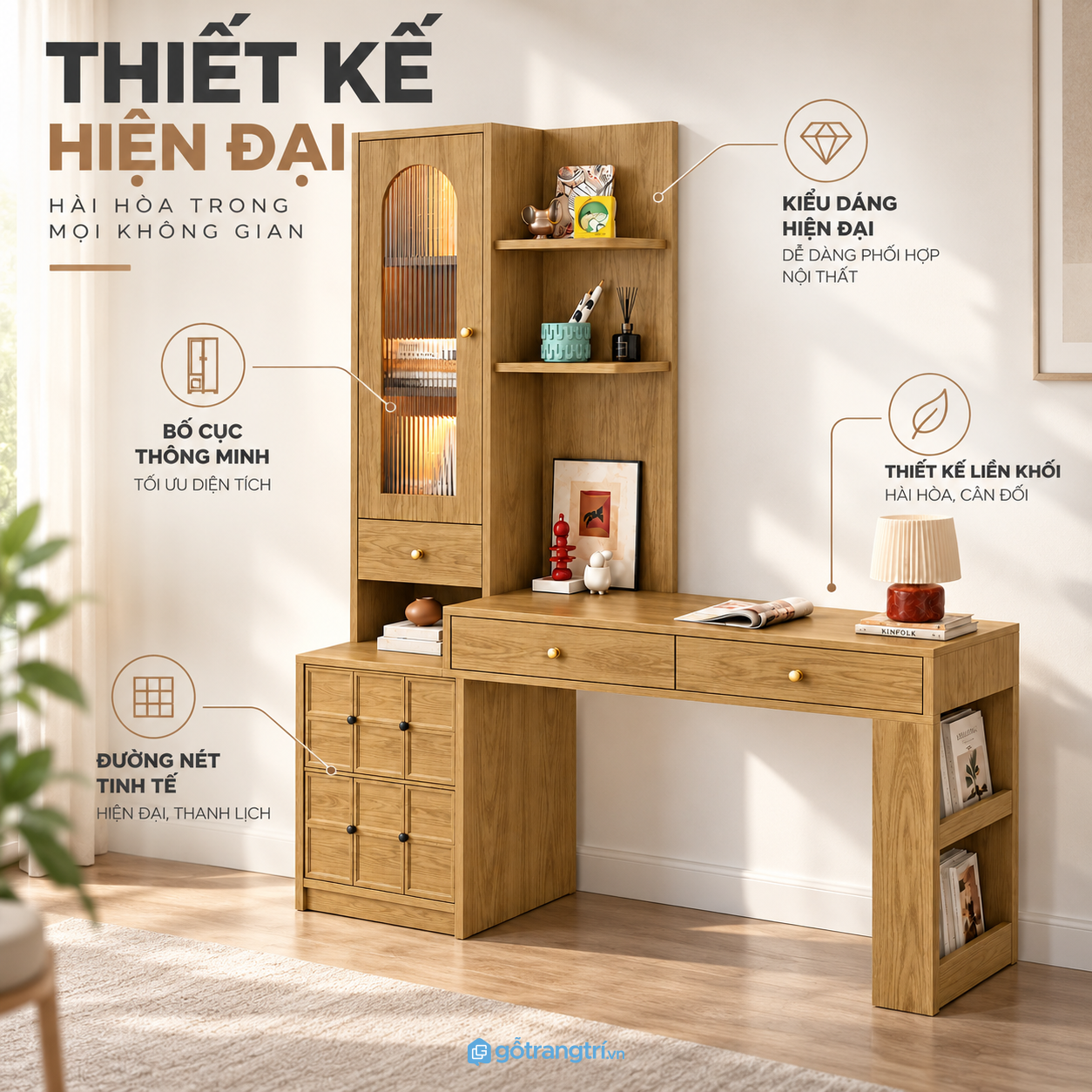 Thiết kế hiện đại với tủ kính tạo điểm nhấn