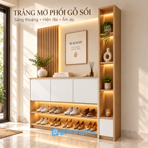 Thiết kế hiện đại với vách lam gỗ và kệ trang trí