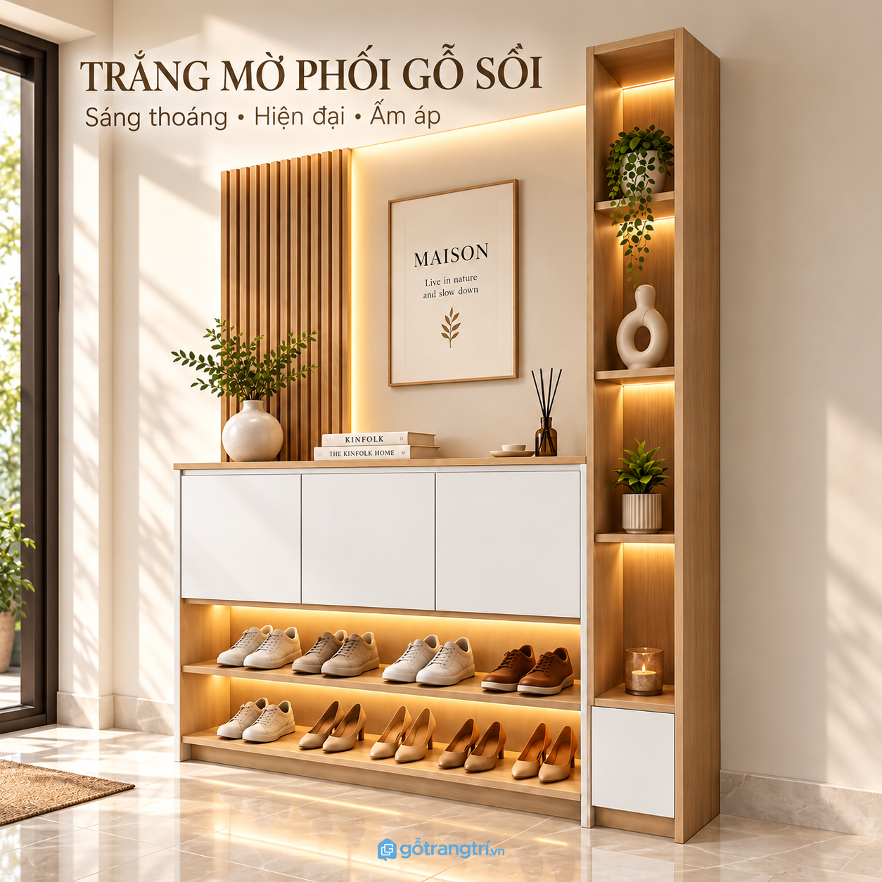 Thiết kế hiện đại với vách lam gỗ và kệ trang trí
