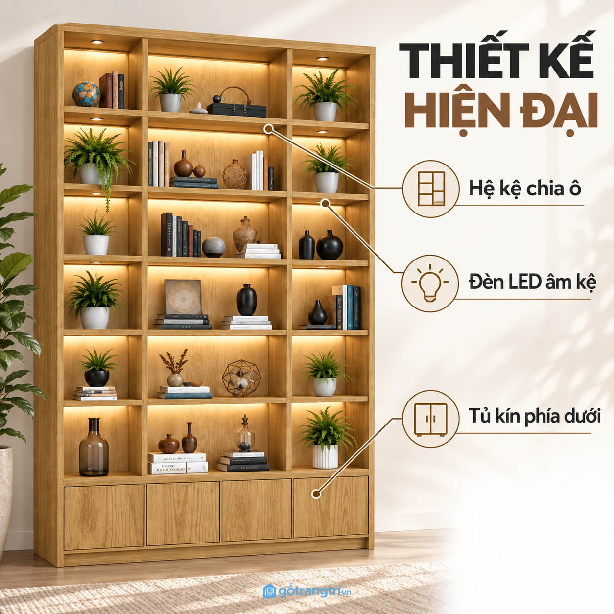 Thiết kế kệ trưng bày gỗ hiện đại với 18 ô mở