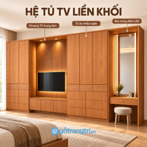 Thiết kế liền tường hiện đại, đồng bộ màu gỗ