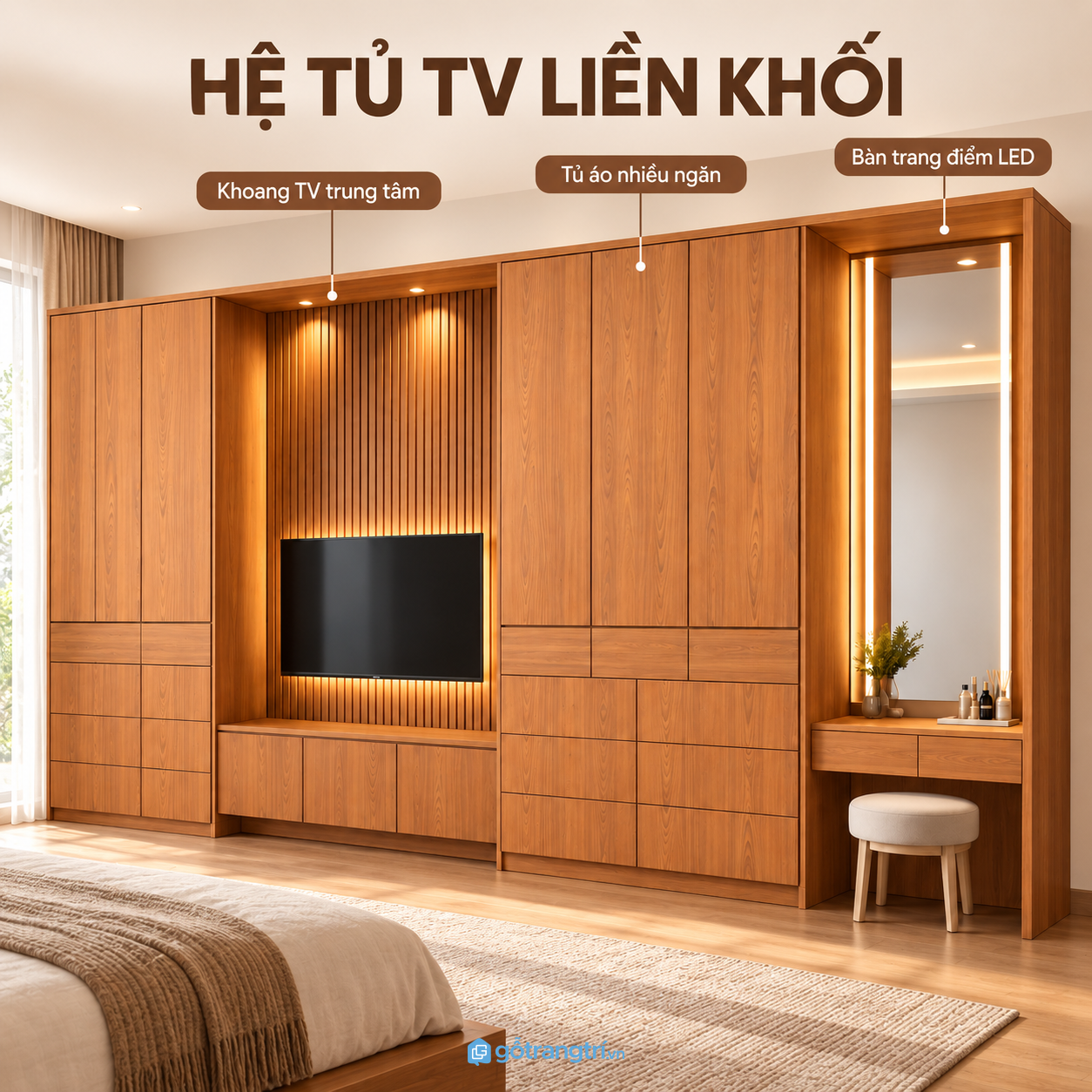 Thiết kế liền tường hiện đại, đồng bộ màu gỗ Thiết kế liền tường hiện đại, đồng bộ màu gỗ
