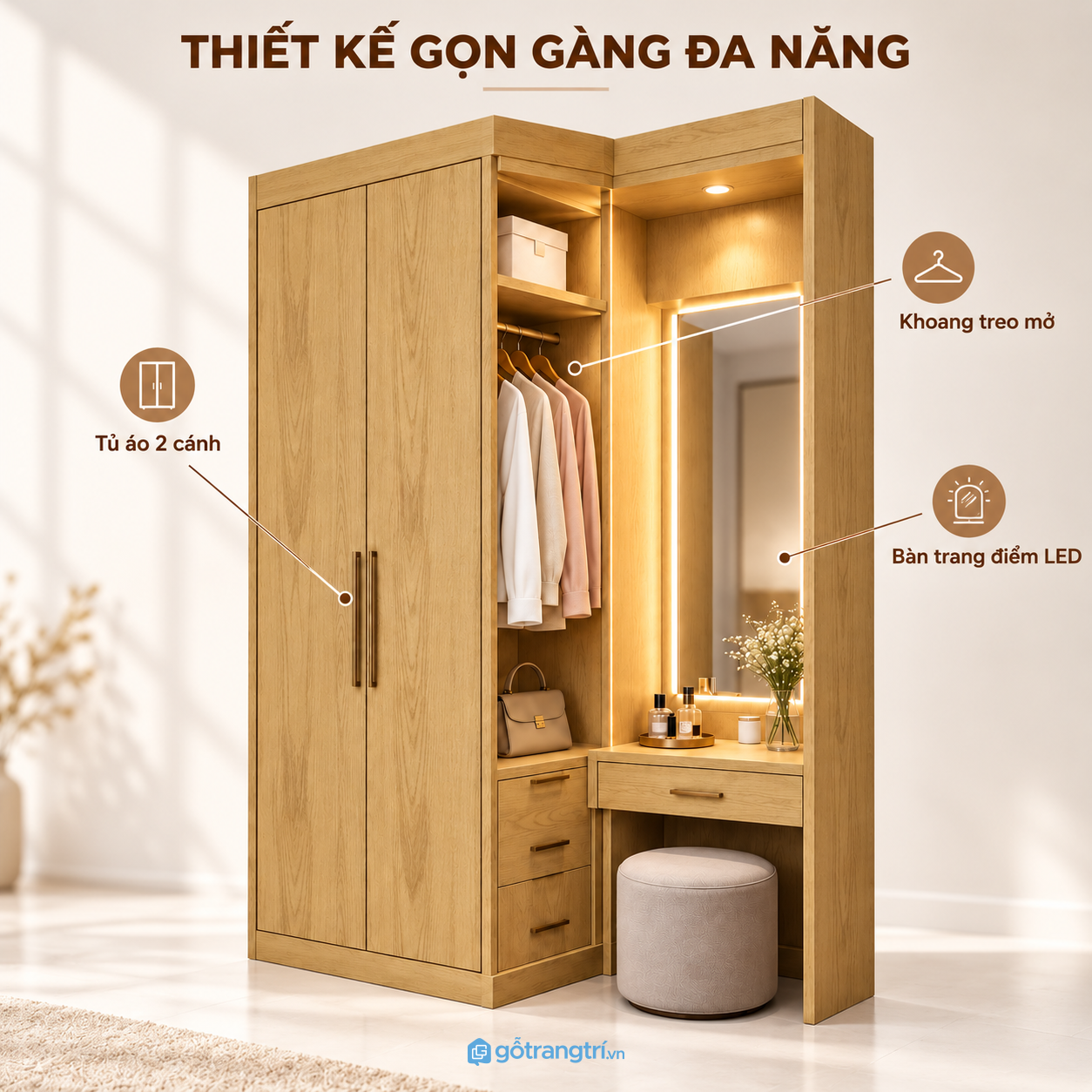 Thiết kế màu gỗ sáng hiện đại, gọn mắt