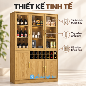 Thiết kế tủ rượu 3 cánh kính kết hợp tủ kín hiện đại